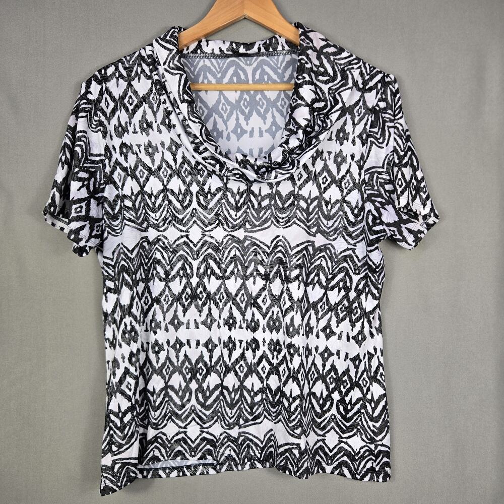 Tahari Short Sleeve Top Drape Neck Black White Aztec Casual Boho Chic Size XL